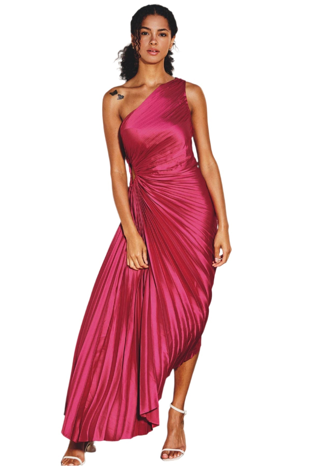 Asymmetrical Pleated Maxi Dress – Magenta Front – Ella Where She Shops