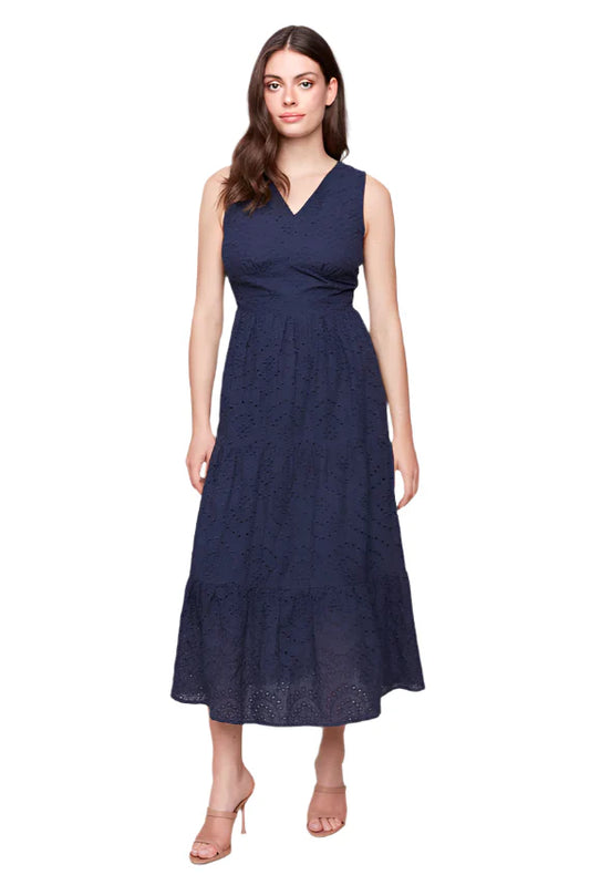 Long Sleeveless Cotton Eyelet Dress - Navy