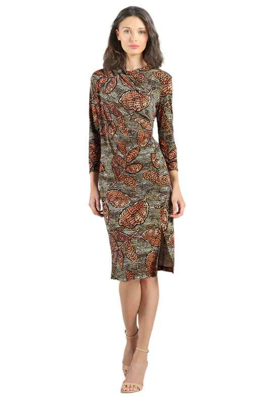 Side Slit 3/4 Sleeve Midi Dress – Mosaic Leaves